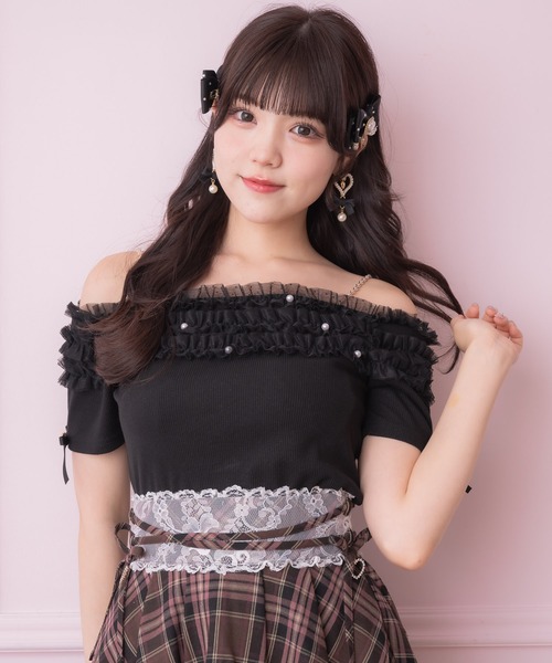 tシャツ チュールオフショルテレコリブトップス レディース
