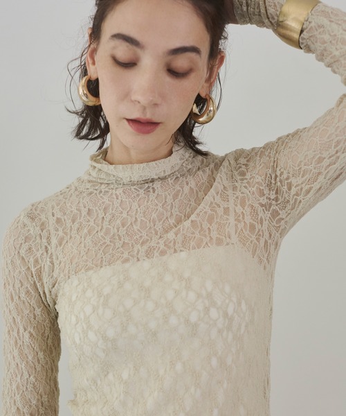 ANGIE tシャツ ハイネック レース シアートップス レディース