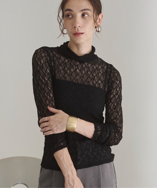 ANGIE tシャツ ハイネック レース シアートップス レディース