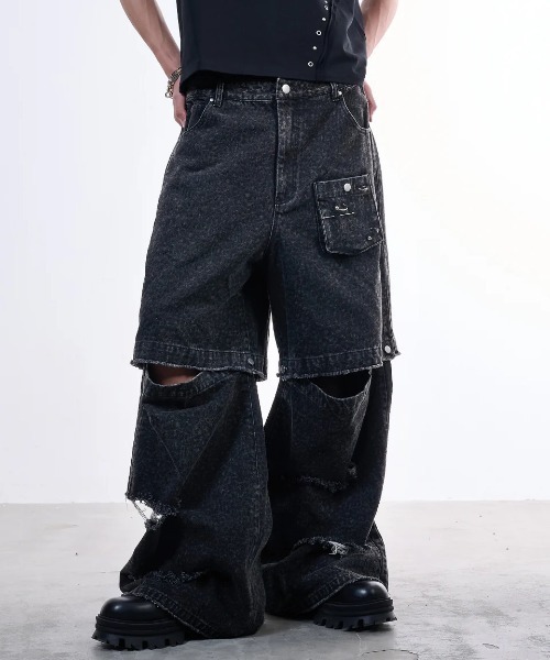 ダメージ加工 ブーツカットデニム レオパード 鬼ヒゲ 42 グランジ y2k VI E DIT ジーンズ Urban Grunge 2way Leopard Denim/アーバングランジ