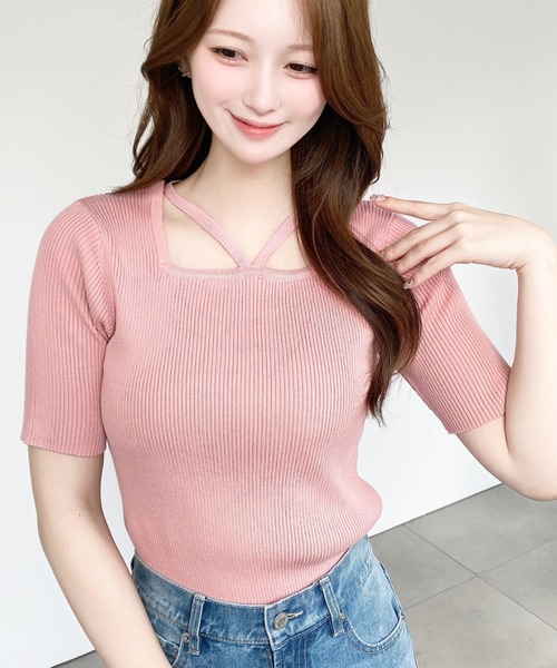 moment+ サマーニット ニット セーター スクエアホルターネック半袖SS