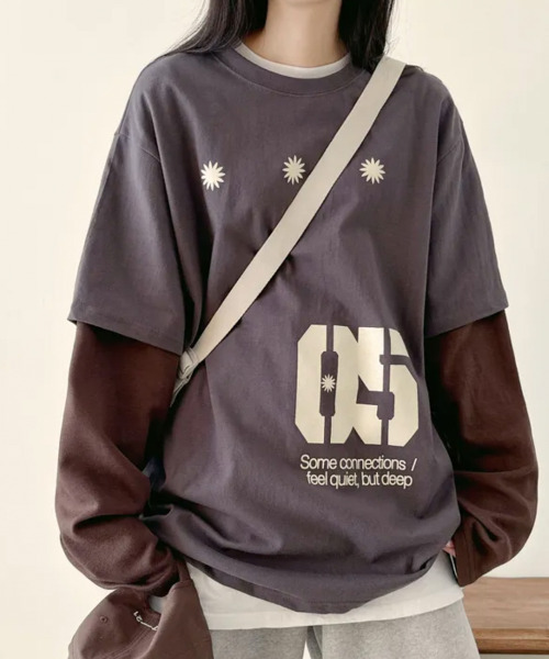 tシャツ フェイクレイヤード フロントプリント ロンT レディース