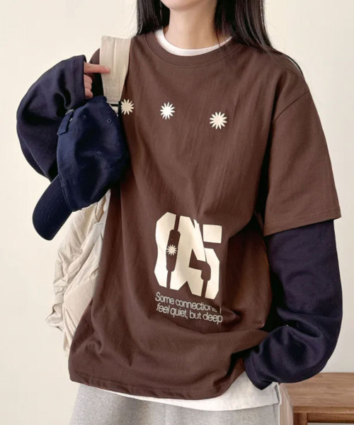 tシャツ フェイクレイヤード フロントプリント ロンT レディース