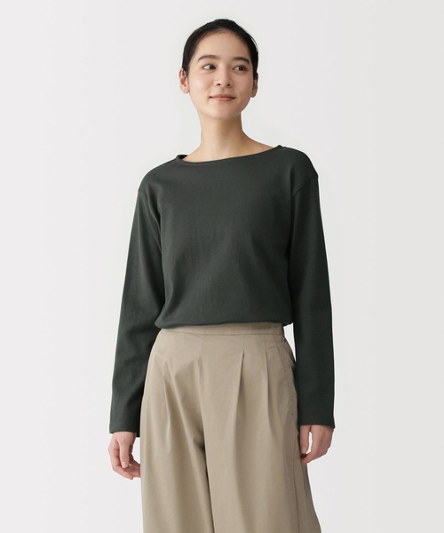 469 PGG レディース 定価24,200円 長袖モックネック カーキ 0 S 無印良品（MUJI） tシャツ 婦人 太番手ボートネック長袖Tシャツ