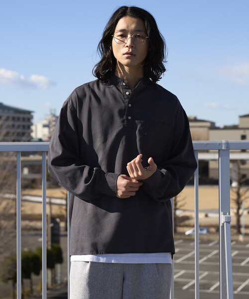 シャツ 限定展開 Relax Fit リラックスフィット リネンミックス バンドカラー プルオーバー シャツ メンズの画像
