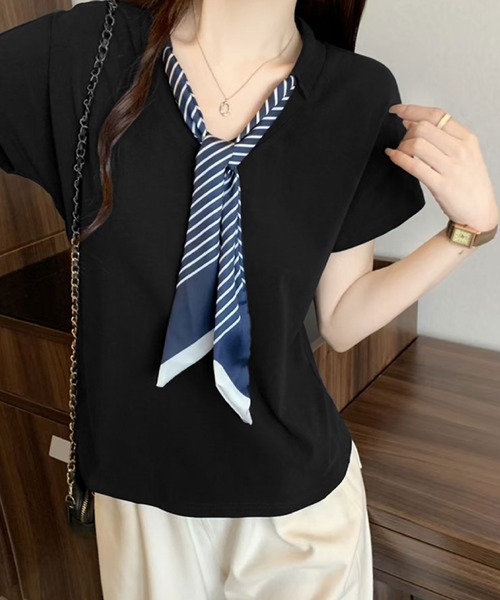 ネイビー 半袖カットソー　スカーフ切り替え 2ly2 tシャツ 半袖 スカーフタイ付きVネックTシャツ レディース