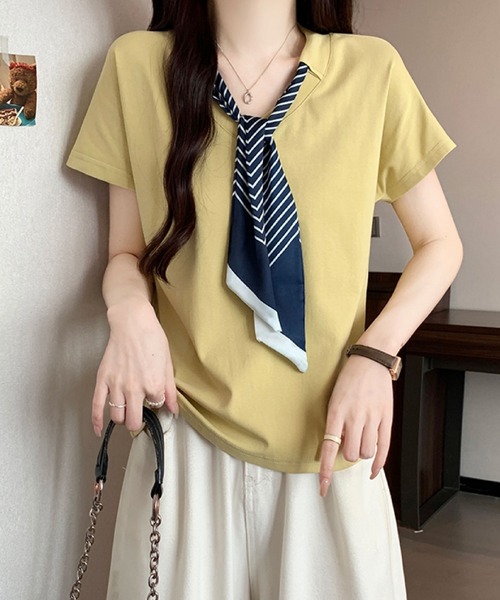 2ly2 tシャツ 半袖 スカーフタイ付きVネックTシャツ レディース