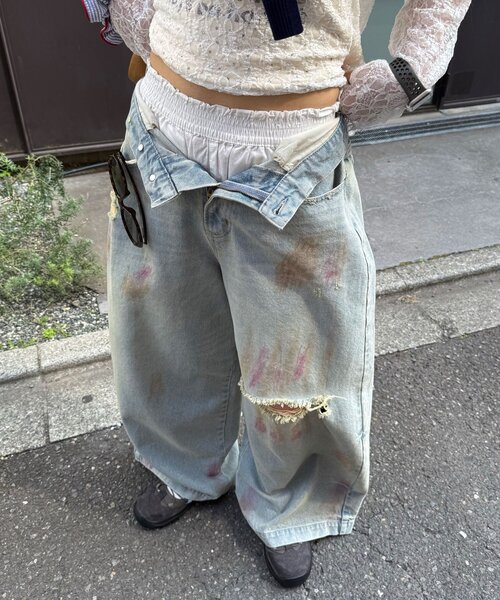 CIAOPANIC（チャオパニック） パンツ スプレー加工ダメージワイド