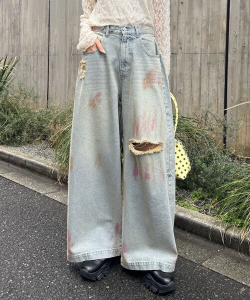 CIAOPANIC（チャオパニック） パンツ スプレー加工ダメージワイド