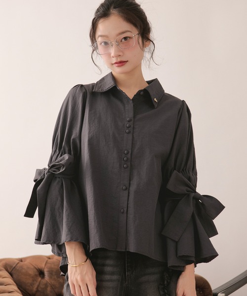 loin nuit ブラウス シャツ 夏 半袖 ribbon sleeve blouse / リボン 