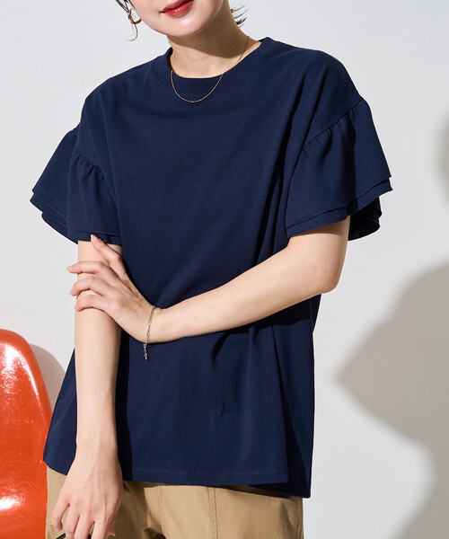 自由区　フリル　半袖カットソー　Tシャツ　ネイビー　フレア袖　ネイビー FREAK'S STORE（フリークスストア） tシャツ 半袖 限定展開 袖フリル