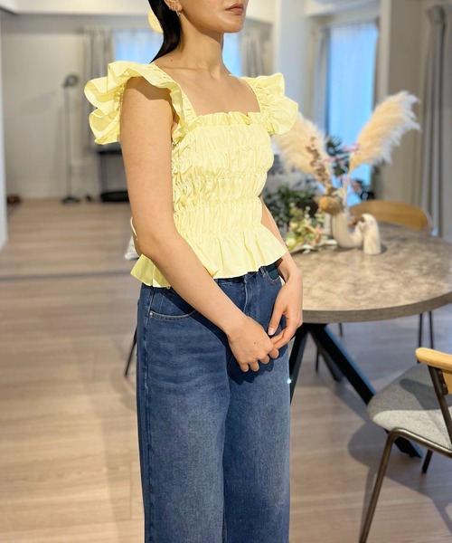 sugar袖付きシャーリングトップス 4点セット 【肩紐ストーン・パール付❣️】 Jewelobe（ジュエローブ） キャミソール ショルダーフリルシャーリング