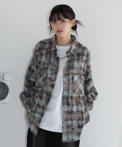 シャツ ヴィンテージ加工 オンブレチェック長袖ラウンドカットショート