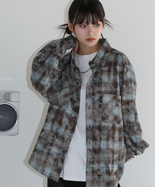 シャツ ヴィンテージ加工 オンブレチェック長袖ラウンドカット