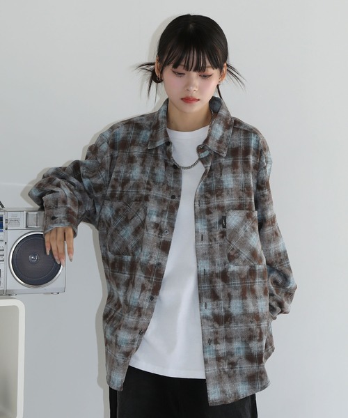 シャツ ヴィンテージ加工 オンブレチェック長袖ラウンドカットショート