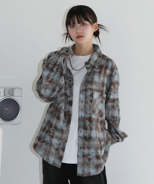 シャツ ヴィンテージ加工 オンブレチェック長袖ラウンドカットショート