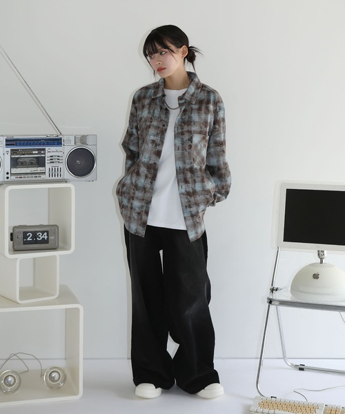 シャツ ヴィンテージ加工 オンブレチェック長袖ラウンドカットショート