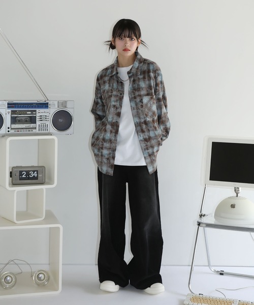 シャツ ヴィンテージ加工 オンブレチェック長袖ラウンドカット