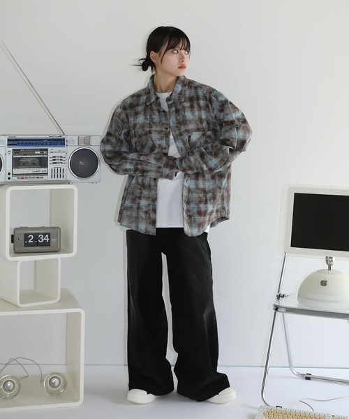シャツ ヴィンテージ加工 オンブレチェック長袖ラウンドカット