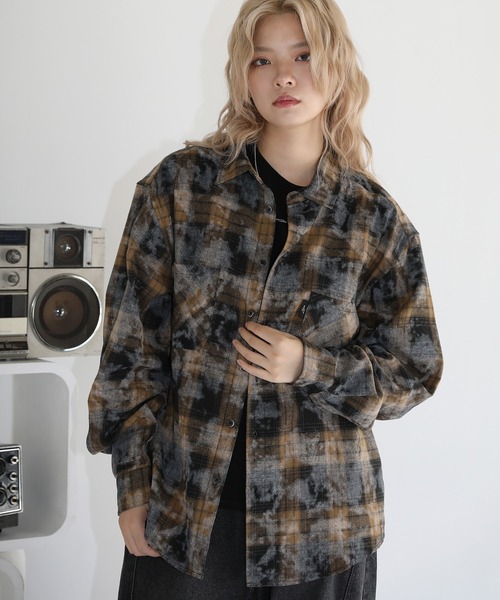 シャツ ヴィンテージ加工 オンブレチェック長袖ラウンドカット