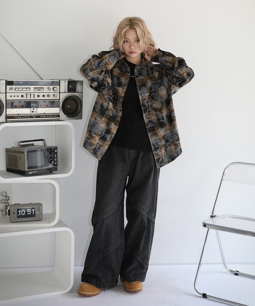 シャツ ヴィンテージ加工 オンブレチェック長袖ラウンドカットショート