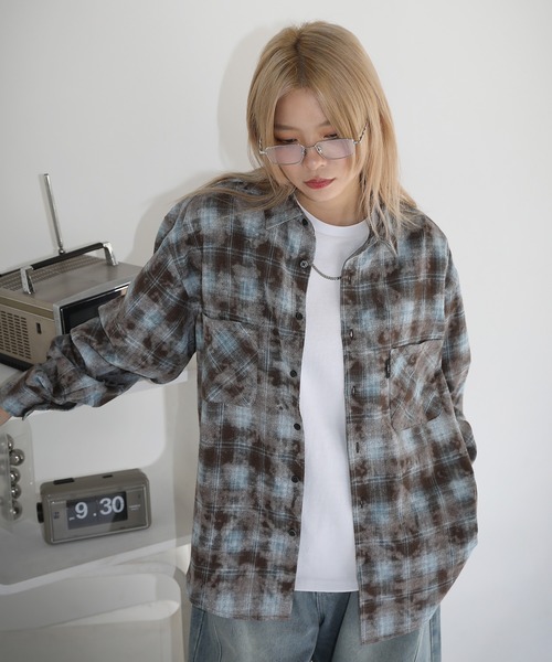 シャツ ヴィンテージ加工 オンブレチェック長袖ラウンドカット
