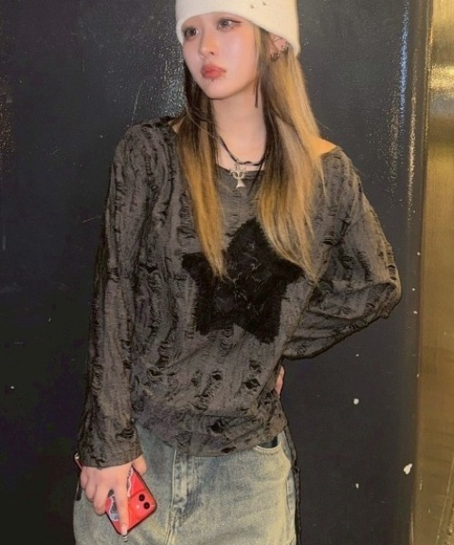 tシャツ 「XU」star damage tops レディース メンズ
