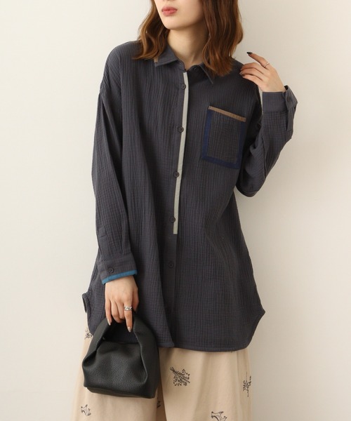 ブラウス シャツ EMAGO 配色パイピングシャツチュニック レディース Emago ブラウス シャツ EMAGO 配色パイピングシャツチュニック