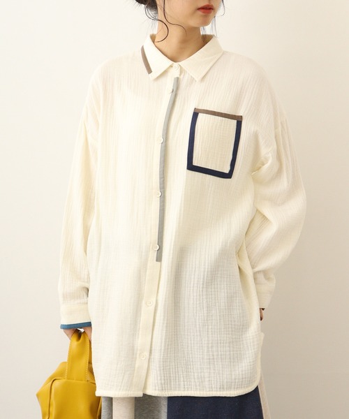 ブラウス シャツ EMAGO 配色パイピングシャツチュニック レディース Emago ブラウス シャツ EMAGO 配色パイピングシャツチュニック