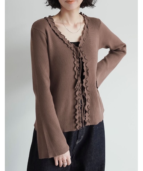【新品タグ付】3万 近年 カーディガン フリル ニット 袖フリル リボン258 Re:EDIT（リエディ） カーディガン リボンフリルVネックカーディガン