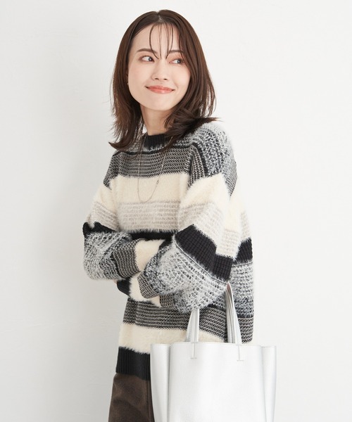 ikka（イッカ） ニット セーター フェザー切り替えボーダーニットプル