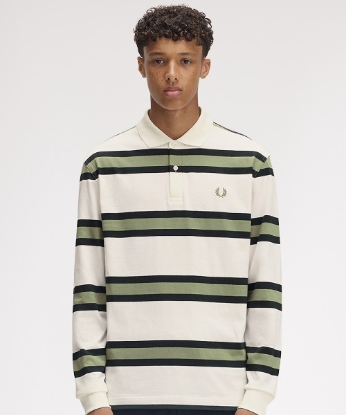 徹美品　FRED PERRY ポロシャツ　黒／イエローストライプ　サイズM Zig-Zag Print Fred Perry Shirt(M 129：SNOW WHITE): | FRED