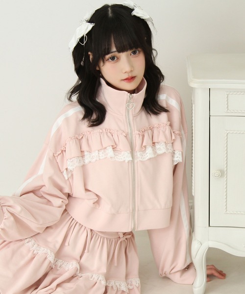 DearMyLove パーカー ハイネックフリルレースリボンパーカー