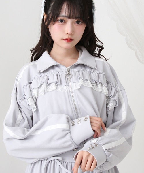 DearMyLove パーカー ハイネックフリルレースリボンパーカー