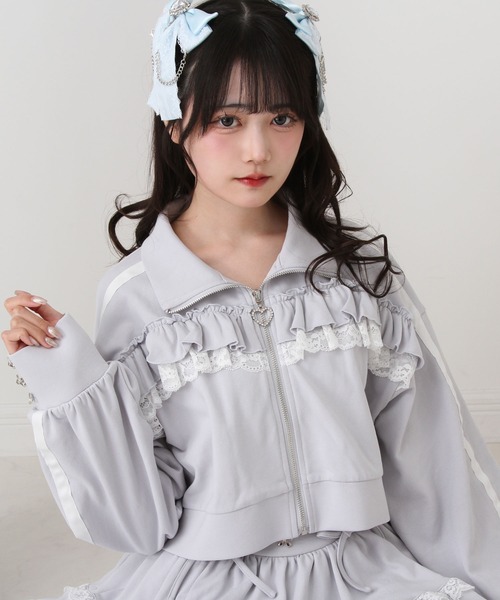 DearMyLove パーカー ハイネックフリルレースリボンパーカー