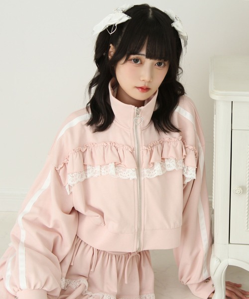 DearMyLove パーカー ハイネックフリルレースリボンパーカー