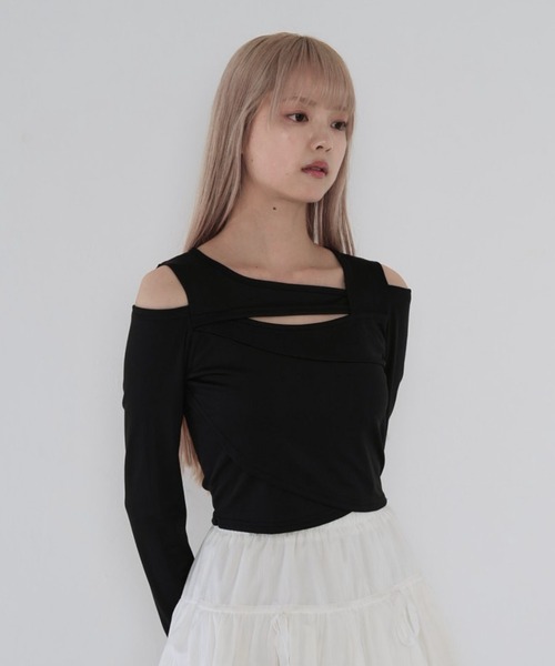 tシャツ カット アウト ショルダー デザイン トップス レディース
