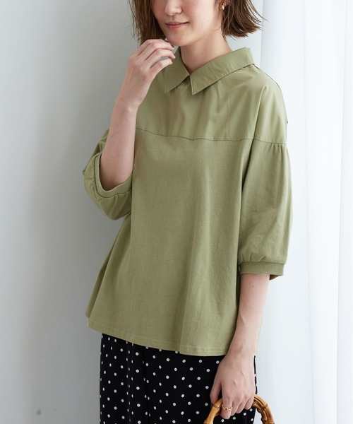 BELLUNA PLUS（ベルーナプラス） tシャツ 衿付き異素材切替プル