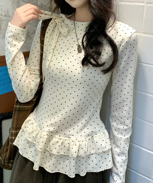 TRALALAトゥララ アイボリー ドット柄リボン付きフリル袖トップス Sibra（シブラ） tシャツ ドット柄フリルリボントップス レディース