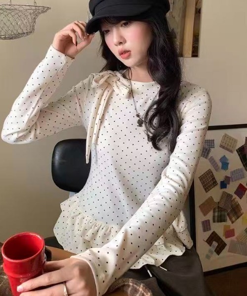 Sibra（シブラ） tシャツ ドット柄フリルリボントップス レディース