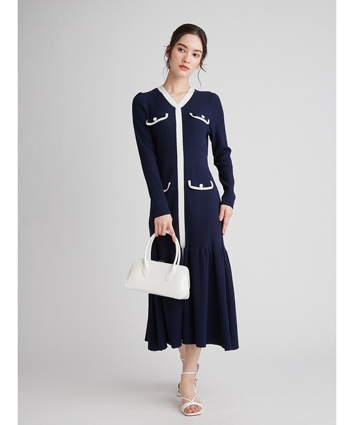 【美品】CELFORD ニットワンピース 白襟 ブラック ロング 38 M CELFORD（セルフォード） ニットワンピース 38 ホワイト レディース