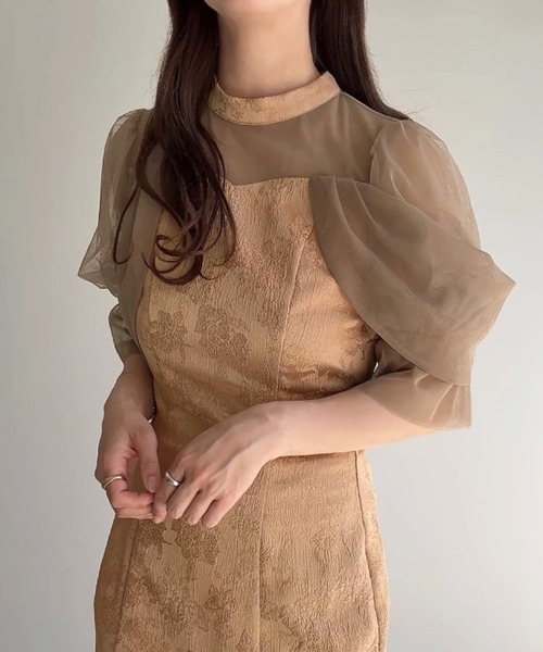 アトリエ マダム・ジョウフク　半袖ワンピース　オーダーメイド　105 JUNOAH（ジュノア） ワンピース 半袖 ドレープスリーブジャガード