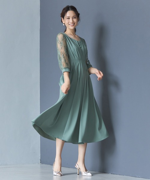 DRESS+ ドレス ワンピース フレア Aライン ミモレ丈 袖付