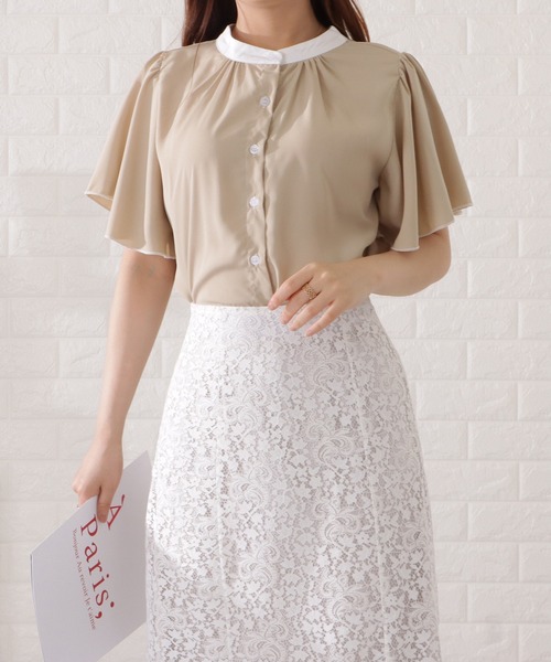 Lace Ladies ブラウス シャツ 2WAYバイカラープチハイネック半袖