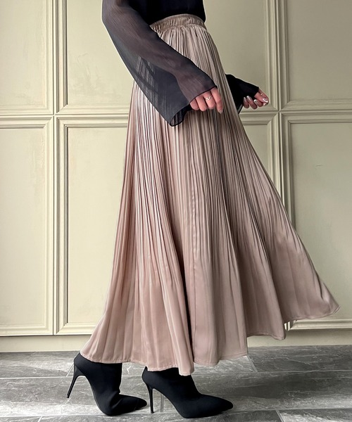 nodress サテン　プリーツ　スカート M シャイニーサテンプリーツスカート/洗える(ロング・マキシ丈