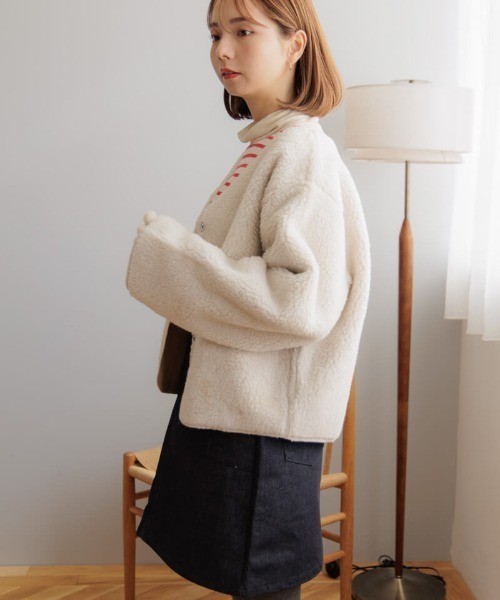 flower ジャケット ノーカラージャケット フラッフィーボアブルゾン