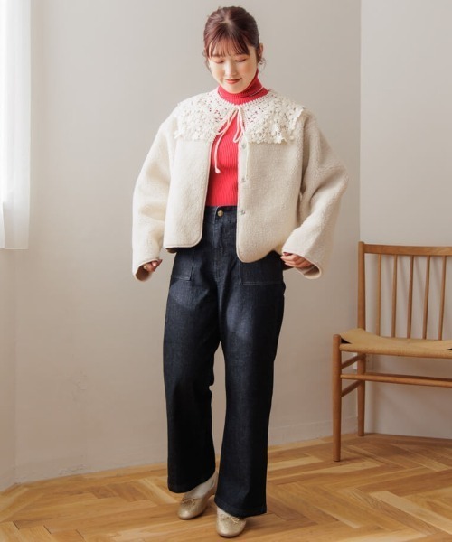 flower ジャケット ノーカラージャケット フラッフィーボアブルゾン