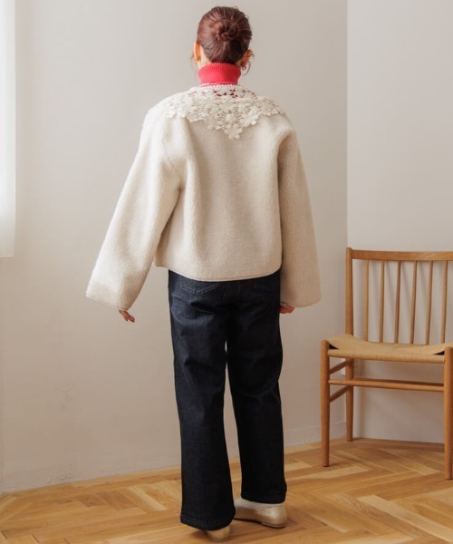 flower ジャケット ノーカラージャケット フラッフィーボアブルゾン