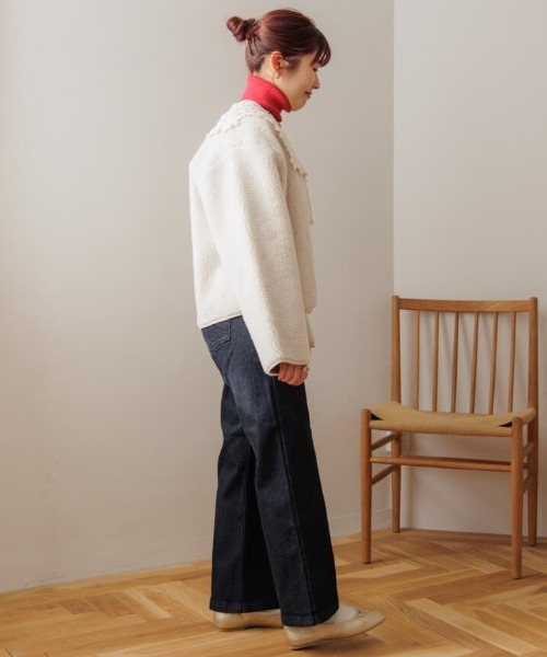 flower ジャケット ノーカラージャケット フラッフィーボアブルゾン