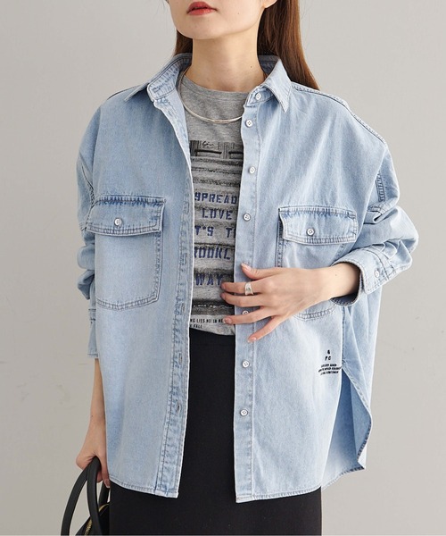PUAL CE CIN ブルーデニムシャツ Fサイズ pual ce cin ブラウス シャツ ヴィンテージライクデニムシャツ